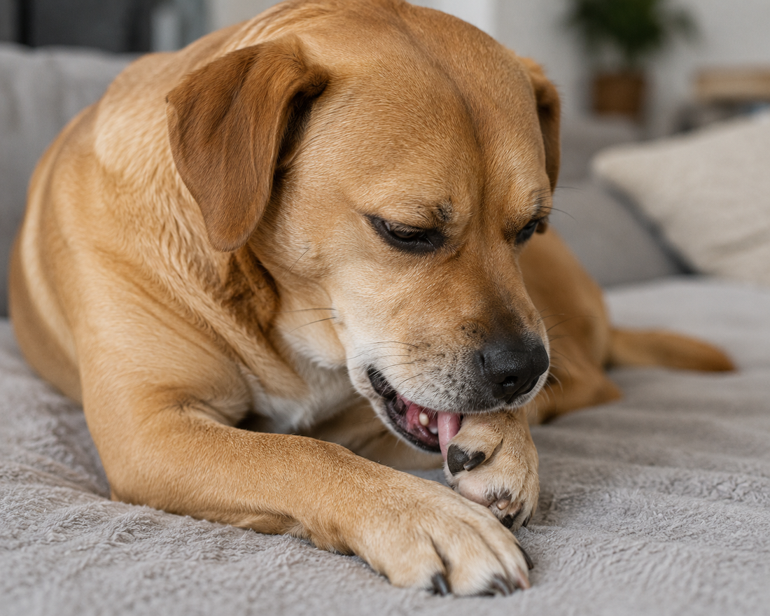 dog licking its paw on the bed