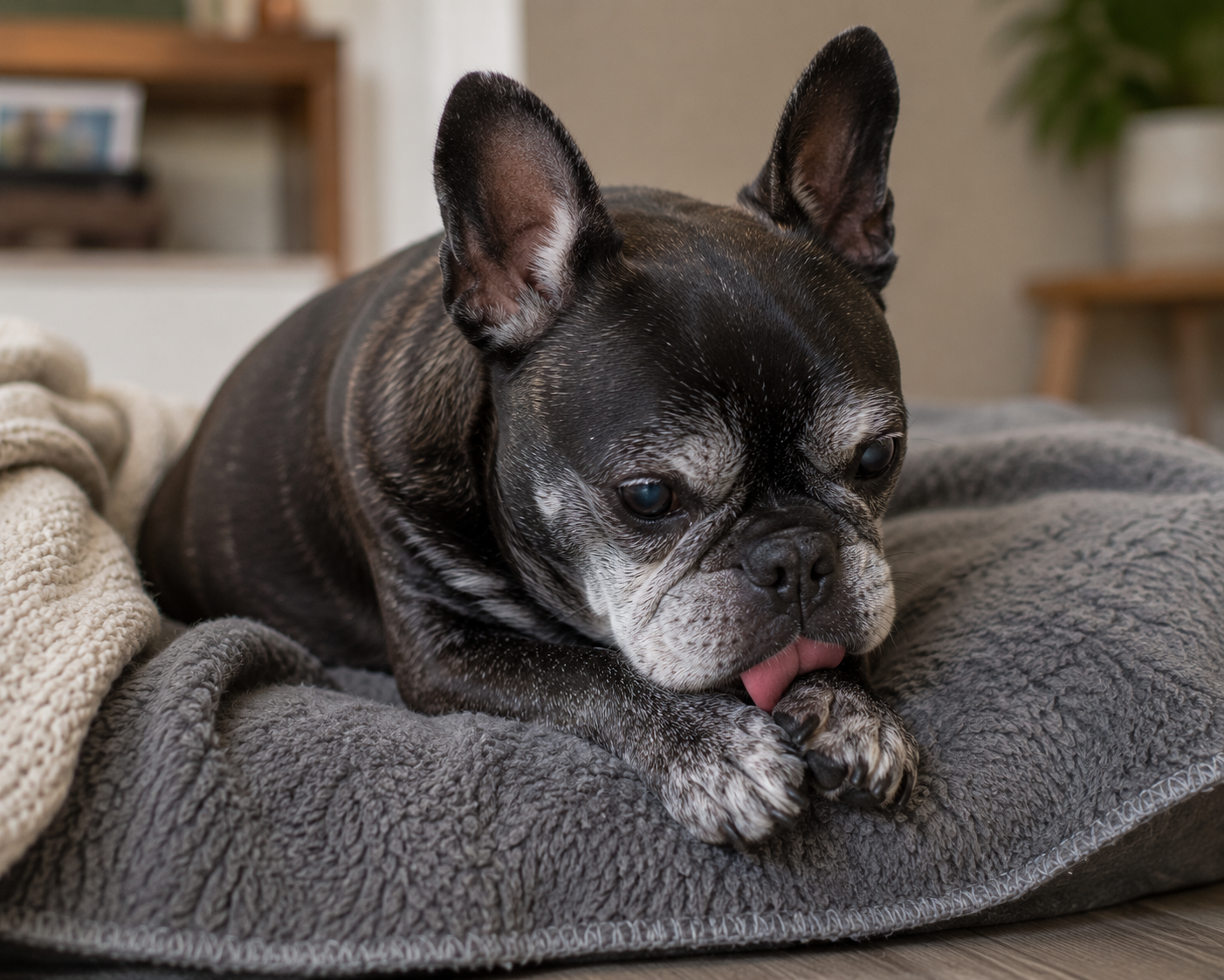 old french bulldog licking paws on the bed