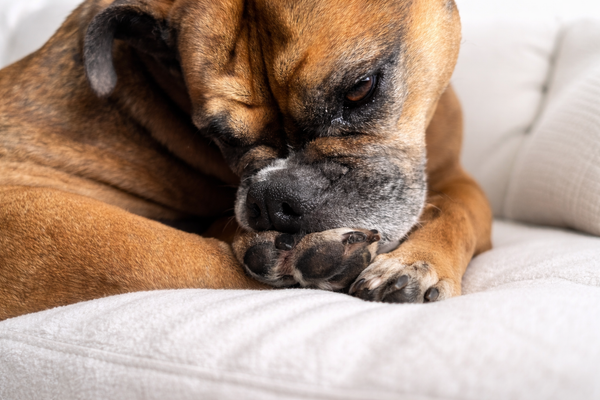 Dog scratching, licking, chewing itchy paws on bed