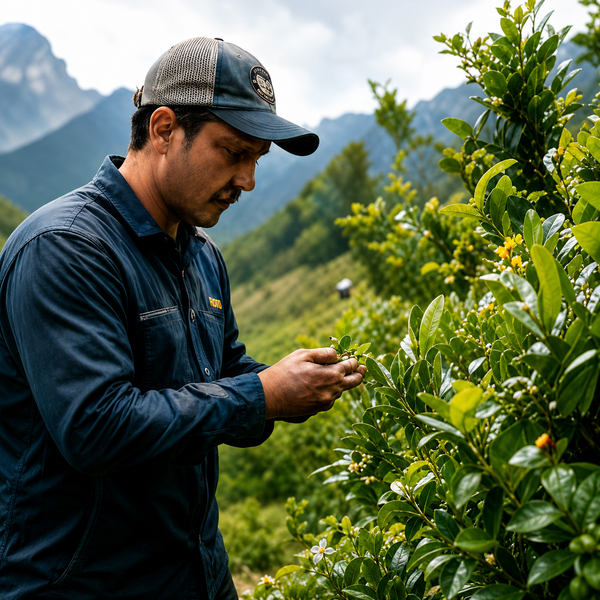 Man inspecting plants in a lush green Horopito leaf field with mountains in the background