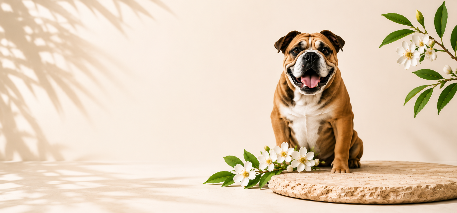 Natural dog skin oil for itchy paws with bulldog and botanical flowers
