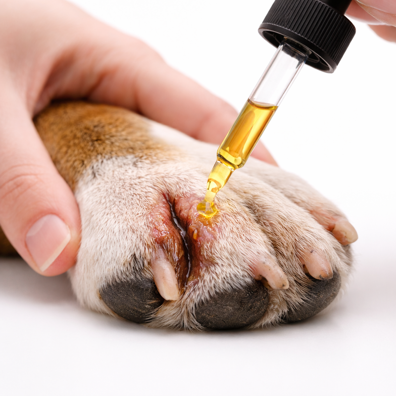 Applying natural oil to soothe itchy dog paws and irritated skin