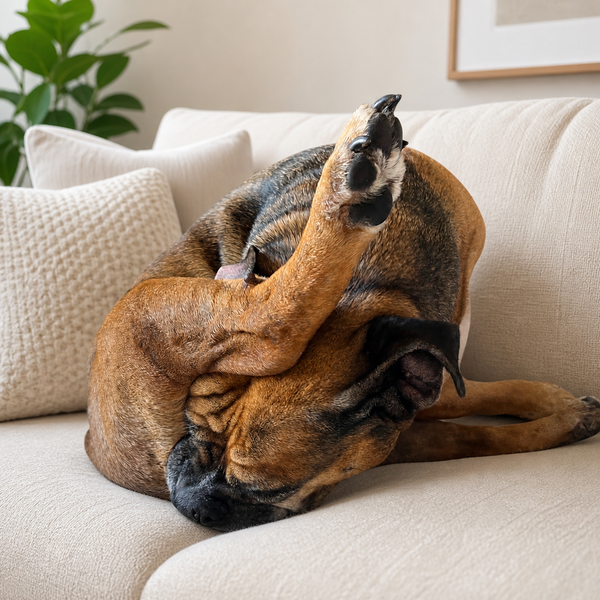Dog excessively licking itchy paws and irritated skin while resting on a sofa