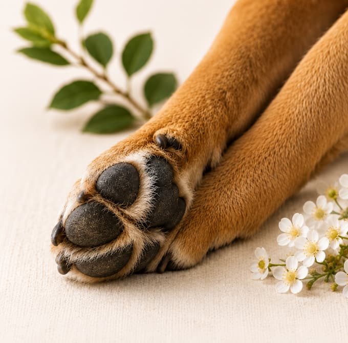 Dog paw pads with botanical leaves — everyday paw care and hygiene