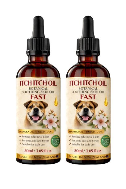 Two bottles of ITCH ITCH OIL natural botanical oil for itchy dog paws and irritated skin