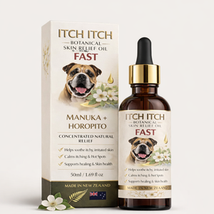 Premium botanical dog skin oil with Manuka and Horopito oils from New Zealand