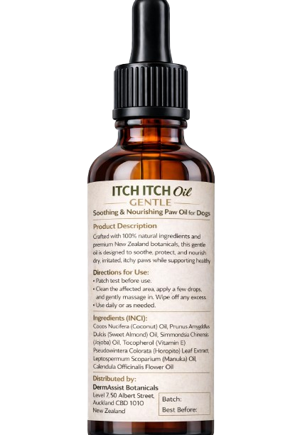 Back label ITCH ITCH OIL natural skin oil for irritated paws and itchy skin